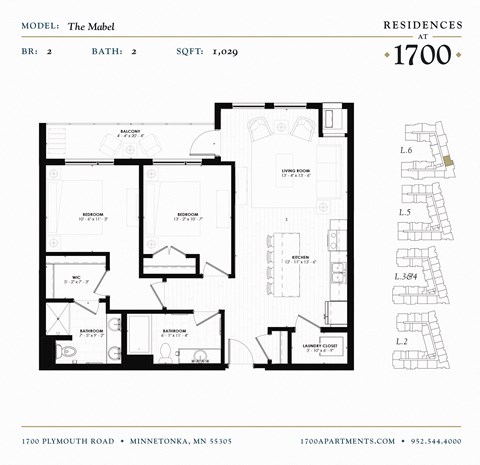 Floor plan for 2 beds, 2 baths, 1029 sqft